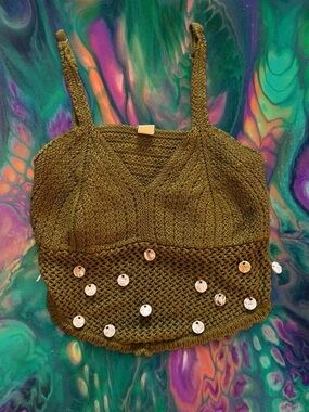 FCT Sun Olive Green Crochet Beaded Sequin Crop Top - Women Tops